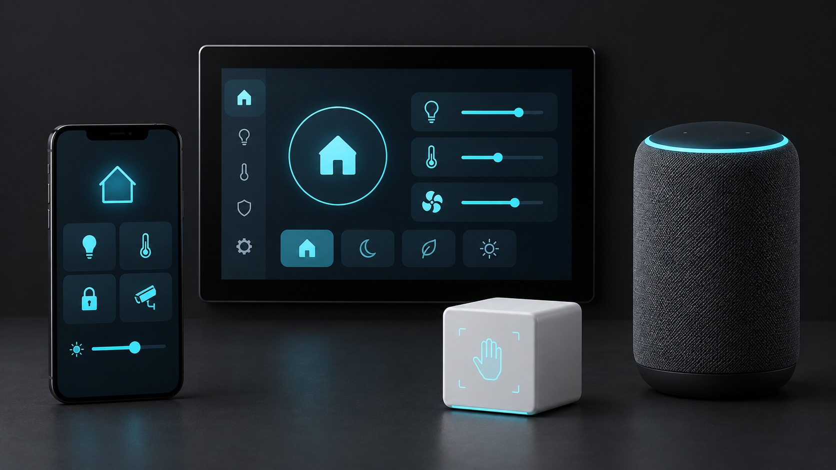 KI-Konzeptbild von Smartphone, Wandtablet, Bedienwürfel und Sprachlautsprecher